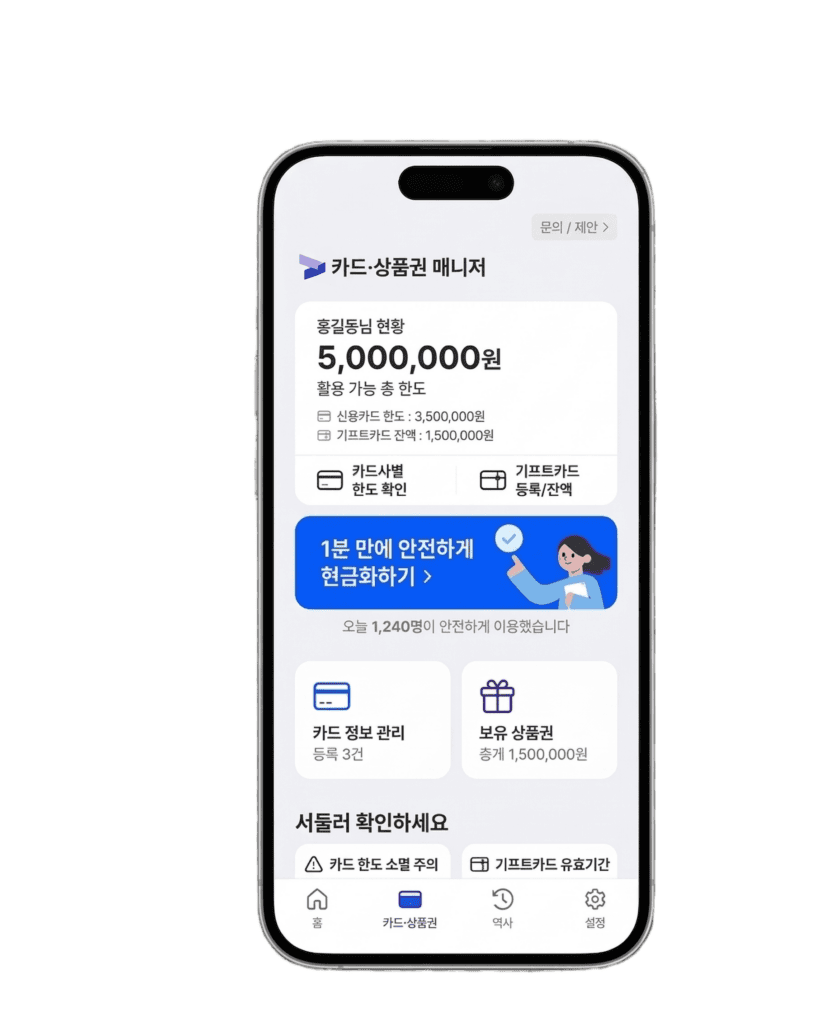 한국상품권협회 안전한 신용카드 및 상품권 할부 상담 서비스 모바일 앱 화면 목업